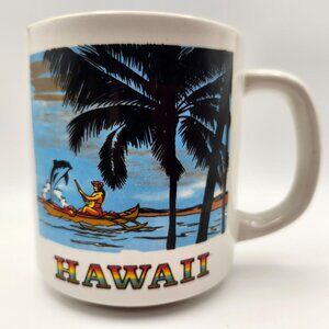 Vintage 80s Sanyei Hawaii Coffee Mug Wahini Outrigger Canoe Dolphin Palm Trees